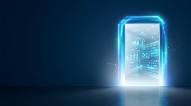 Digital Transformation Neon Door Opening to Data Tunnel Abstract