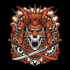 Obraz premium Aggressive skull warrior illustration with spiked helmet and crossed swords