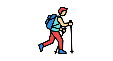 Obraz premium Adventurous hiker with backpack and trekking poles walking on white background