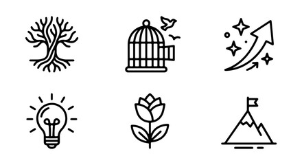 Fototapeta premium Vector Icons: Tree of Life, Birdcage Freedom, Growth Chart, Lightbulb Idea, Rose Flower, Mountain Peak Success