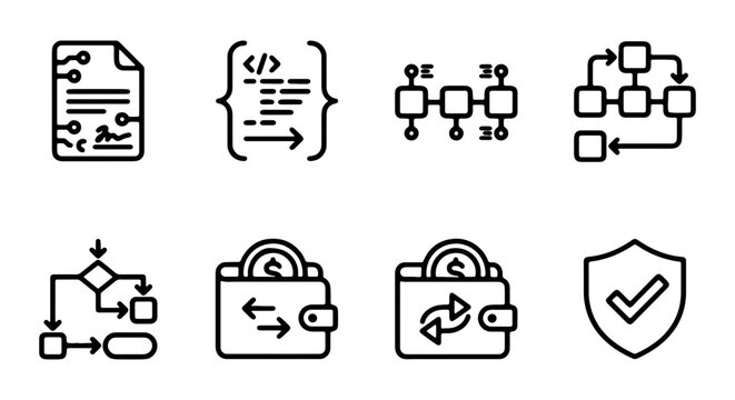 Technology Icons: Flowchart, Code, Blockchain, Wallet, Security, Data Flow Vector Set