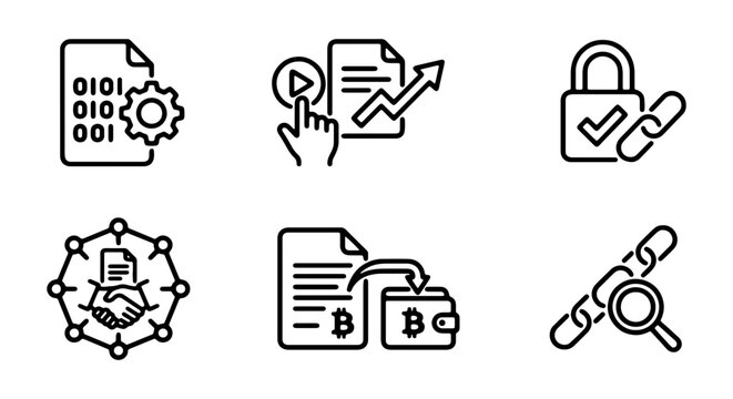 Blockchain Technology Icons, Cryptocurrency Security and Data Management Vector Set