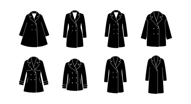 Black Trench Coats, Fashion Outerwear Collection, Elegant Apparel Silhouettes, Vector Icons
