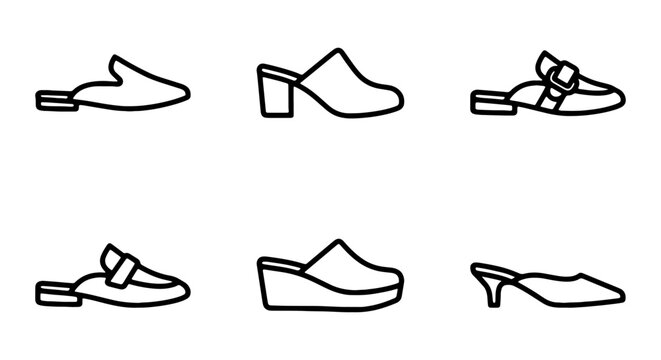 Six Flat and Heeled Mules, Loafers, and Slippers, Vector Icons Set