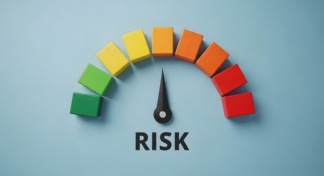 Risk gauge meter with arrow pointing to high level on blue background