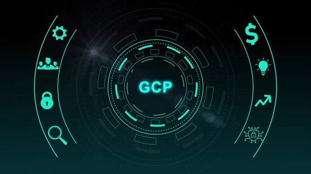 GCP concept diagram with icons representing cloud computing and business on a digital with gears background