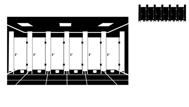 Row of restroom stalls in public bathroom , black isolated vector silhouette