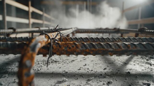 Unfinished structural concrete beam with exposed steel reinforcement rods in construction site