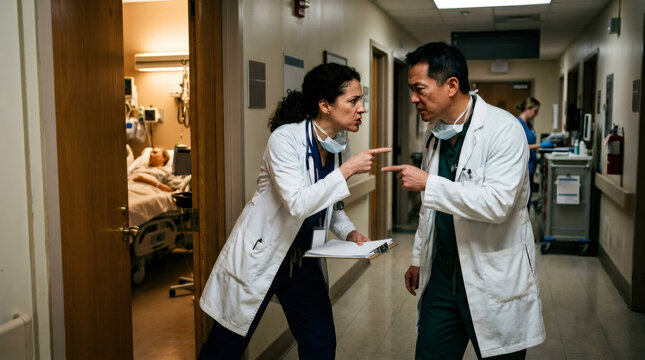 Woman doctor and man doctor having a heated clinical argument in a hospital corridor. Professional medical disagreement during patient care. Teamwork conflict in healthcare environment.