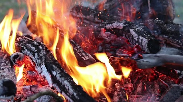 The process of raking coals in a bonfire with a metal shovel. Close-up of burning firewood, ash and sparks. A metal shovel rakes up bright red hot coals in an evening bonfire. Bright flame