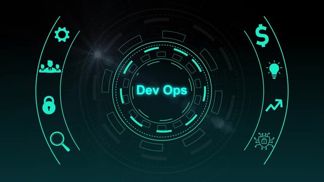 Dev Ops Concept with and Circular Diagram on Black Background Representing Collaboration, Security, and Efficiency in Software Development