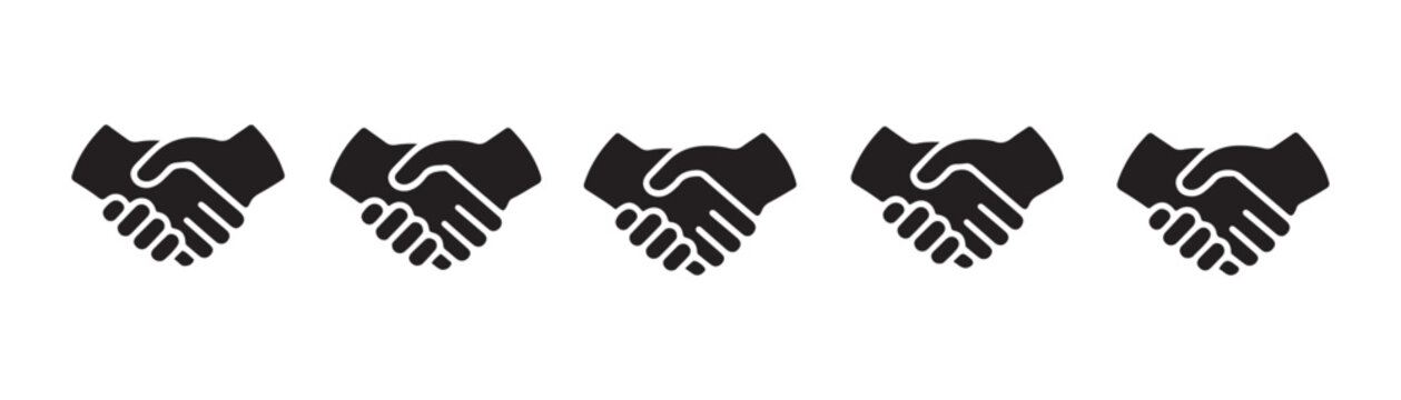 Clean handshake silhouettes showing diverse finger placement and grip styles for agreement icon collection.
