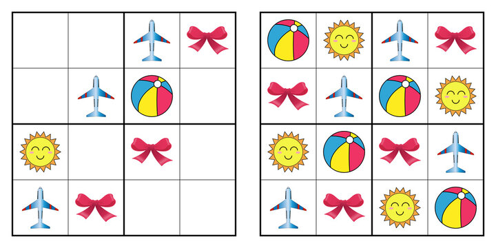 Educational 4x4 picture sudoku worksheet for children with travel and vacation objects