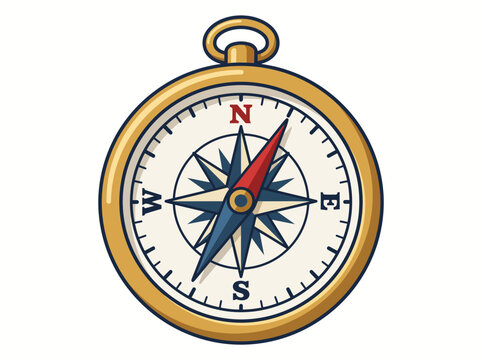 Modern commercial cartoon vector illustration of a golden nautical compass for adventure, travel, and direction finding