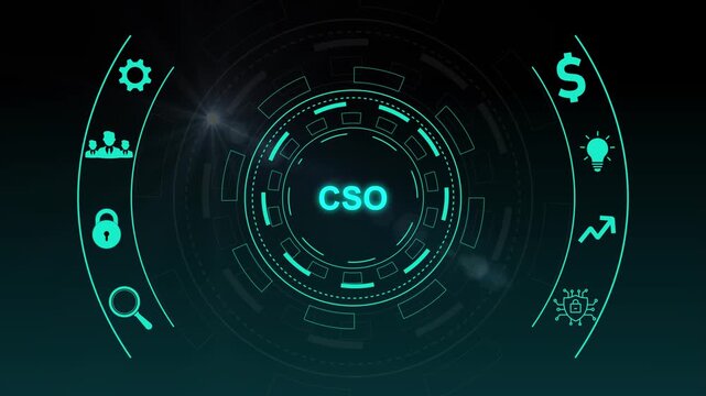 CSO acronym in center of hexagonal diagram with business icons on dark blue digital with gears background