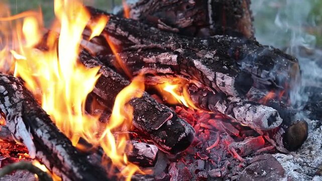 The process of raking coals in a bonfire with a metal shovel. Close-up of burning firewood, ash and sparks. A metal shovel rakes up bright red hot coals in an evening bonfire. Bright flame