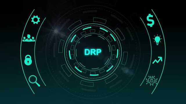 DRP Disaster Recovery Plan network diagram with icons and with gears background business continuity.