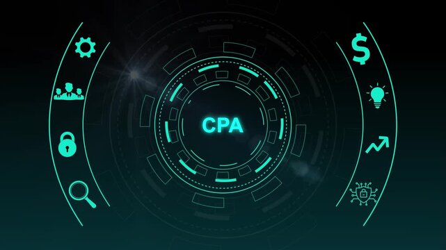 CPA concept with interconnected icons and with gears background Keywords: CPA, certified public accountant, finance, accounting, business, tax, audit
