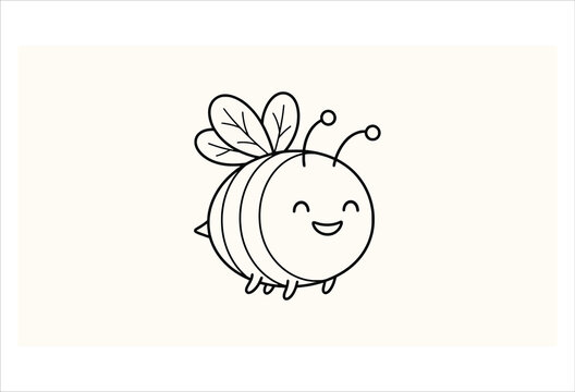 Line drawing of a bee with a smiling face black on white background