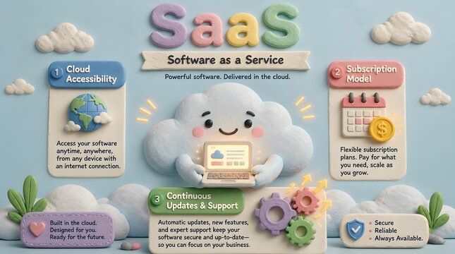 Cute 3D claymation infographic about software as a service (saas), featuring a friendly, smiling pastel clay cloud softly holding a glowing, miniature clay laptop, representing seamless cloud acc...