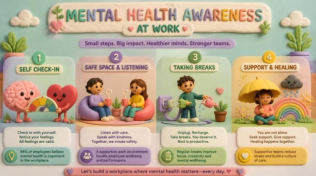 Cute 3D claymation infographic about a 4-step mental health awareness at work concept with playful elements in soft pastel colors.