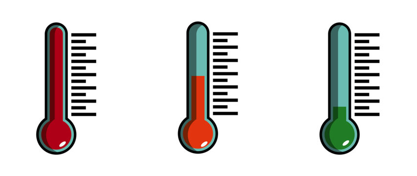 Ilustraci&oacute;n de term&oacute;metro de temperatura alta, media y baja. Conjunto de iconos de clima, temperatura corporal, enfermedad y salud. Vector color para folleto, sitio web, app y otros.