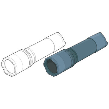 Isometric tactical flashlight wireframe and colored filled outline vector for edc gear diagrams