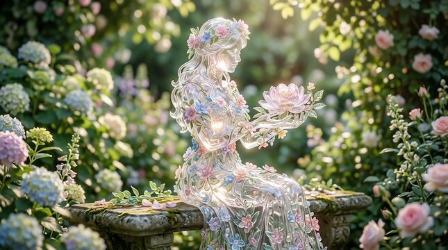 Woman sitting on stone bench in garden holding flower