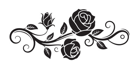 Rose flower branch with decorative swirls and leaves as black silhouette element for floral graphic design. © MSTGIRATUN