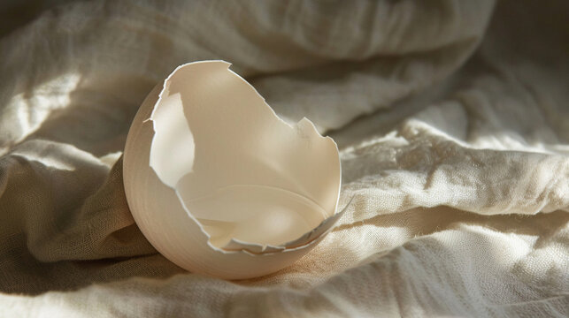 Empty white eggshell half on linen fabric soft light