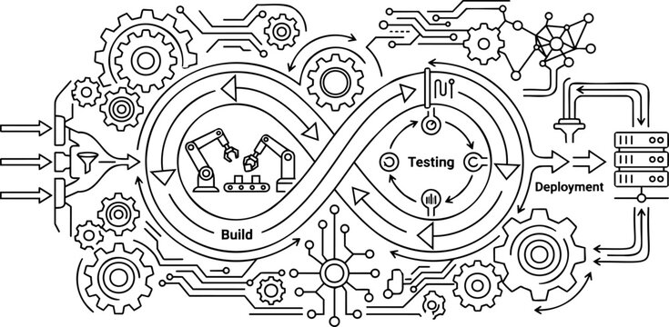 Minimalist DevOps infinity loop, CI/CD pipeline workflow, software development lifecycle and cloud deployment outline illustration, hollow vector
