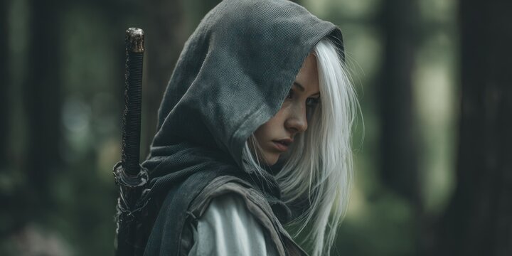 Woman with white hair in hooded cloak outdoors portrait shot with sword
