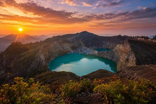 Three Colored Crater Lakes of Kelimutu in East Nusa Tenggara Indonesia Generated with AI