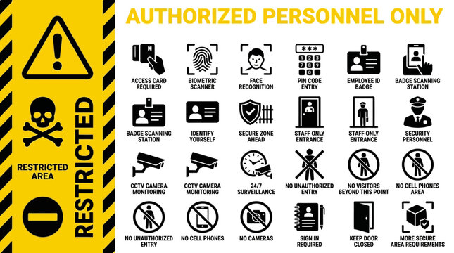 Collection of restricted area and security warning icons for authorized personnel