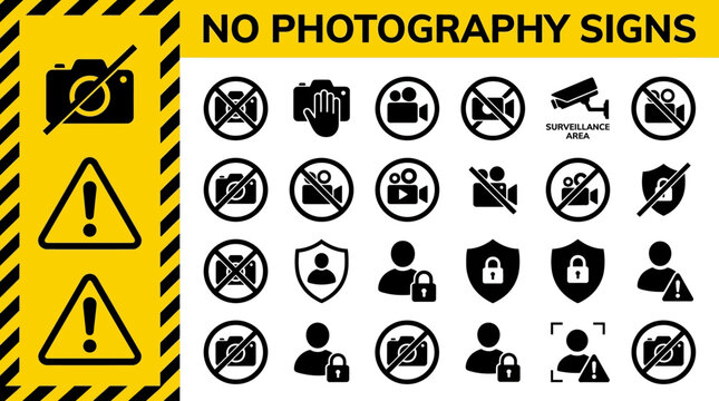 Collection of camera prohibition and surveillance warning icons for security and restricted areas