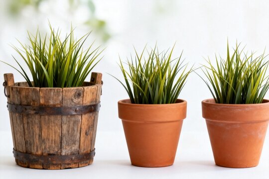 Three potted grass plants in rustic and terracotta pots