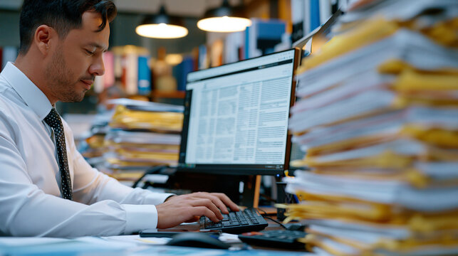 court transcript AI summary platform integrated with a case management system on a public defender's office desktop, overworked attorney reviewing condensed testimony summaries across multiple open 