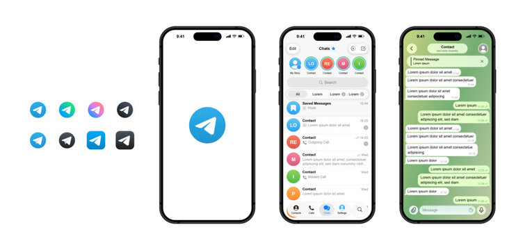 Telegram mockup. Telegram logo. Set telegram screen social media and social network interface template.