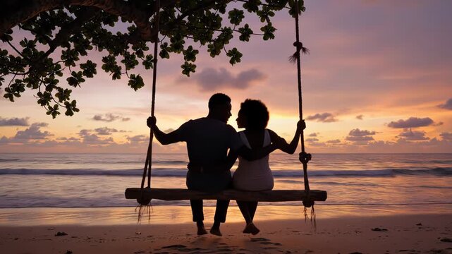 Romantic Couple Silhouetted on Beach Swing at Sunset