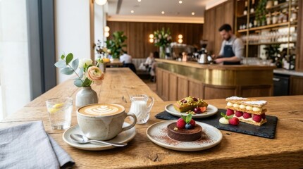 Fototapeta premium Enjoying a delicious coffee and pastry selection at a modern cafe with a barista in the background