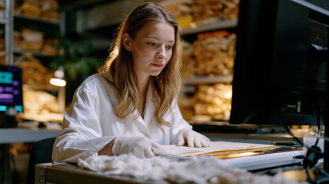 Digital archivist in national records repository seated before high-resolution flatbed scanner processing fragile wartime government documents for online public access catalog, white cotton handling