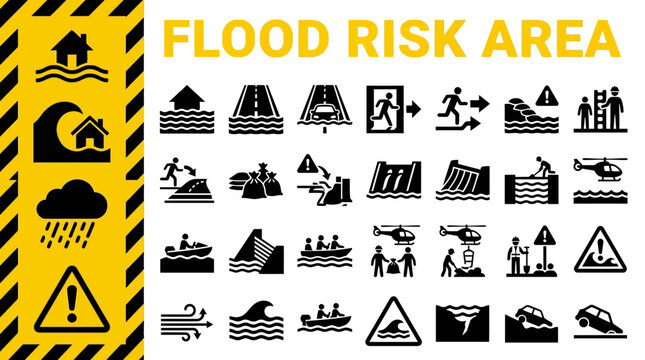 Flood risk area warning signs and symbols with icons for hazard and disaster preparedness information