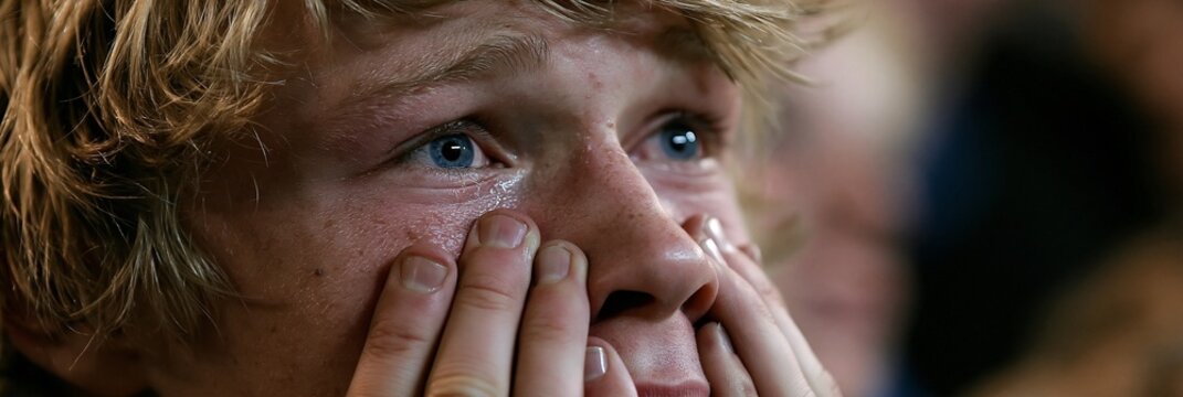 Closeup of a New Zealand soccer fans emotional reaction as the national team battles to a landmark draw against a toptier adversary capturing suspense and national pride.