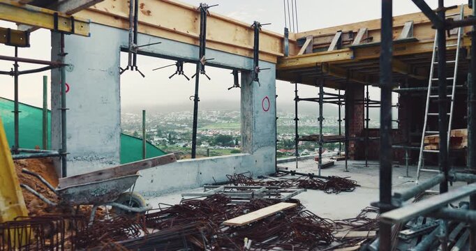 Construction, rebar and metal at site for building development, reinforcement or project. Architecture equipment, steel rust or materials for engineering, incomplete infrastructure or concrete