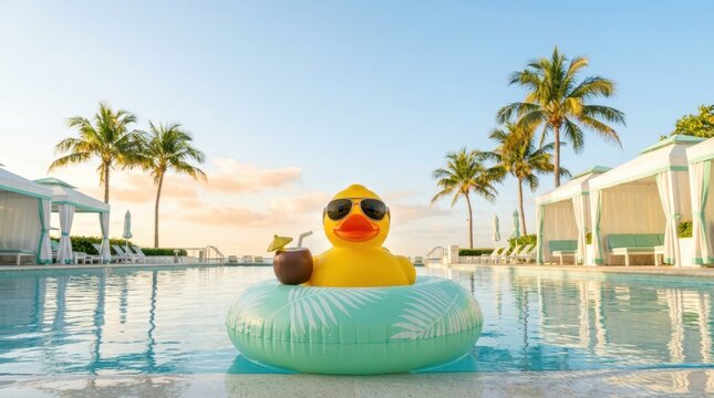 Giant inflatable duck with sunglasses enjoys a tropical drink in a resort pool