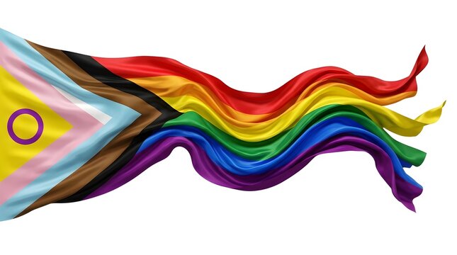 Progress Pride Flag Waving with Rainbow Colors Transgender and POC Stripes for LGBTQ Pride Month Awareness Celebration and Human Rights