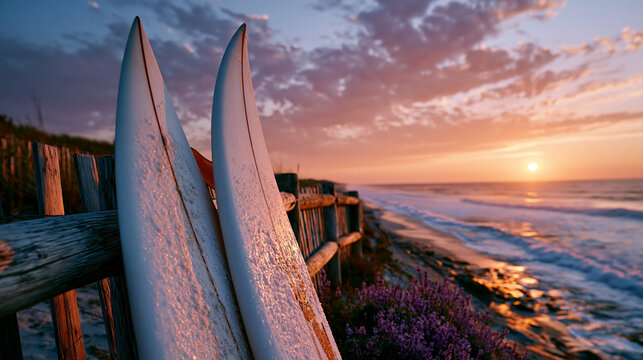 A medium shot of two surfboards leaning against a weathered wooden beach fence at dusk, their wax and fins catching the last warm amber light, a narrow strip of empty beach visible