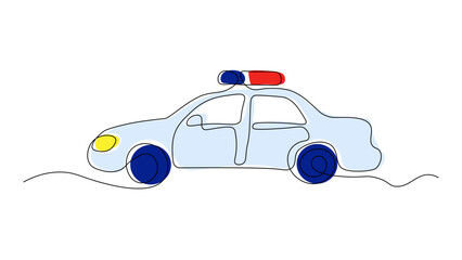 Continuous line drawing of a police car with roof light bar, minimalist law enforcement vehicle illustration, public safety concept © YuliaBulgakova