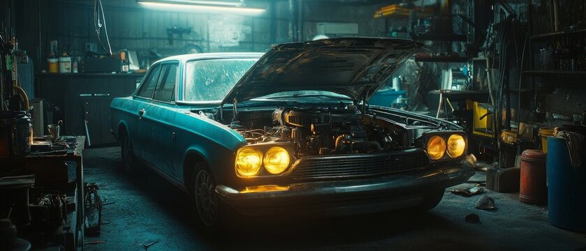 A vintage blue car with an open hood sits in a cluttered workshop background, illuminated by glowing headlights and overhead fluorescent lights.