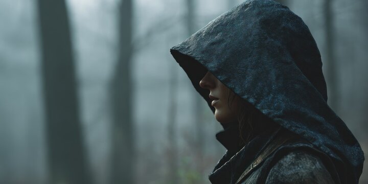 Person in hooded cloak in forest setting side profile soft focus and atmospheric lighting